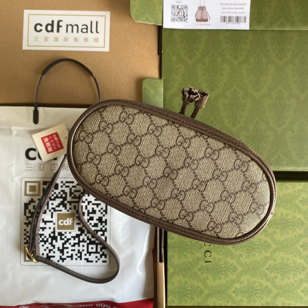 BORSA A SECCHIELLO OPHIDIA MEDIA 26 CON WEB IN TELA BEIGE EBANO MIX PELLE DI VITELLO MARRONE