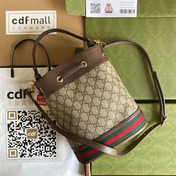 BORSA A SECCHIELLO OPHIDIA MEDIA 26 CON WEB IN TELA BEIGE EBANO MIX PELLE DI VITELLO MARRONE