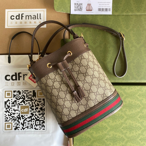 BORSA A SECCHIELLO OPHIDIA MEDIA 26 CON WEB IN TELA BEIGE EBANO MIX PELLE DI VITELLO MARRONE