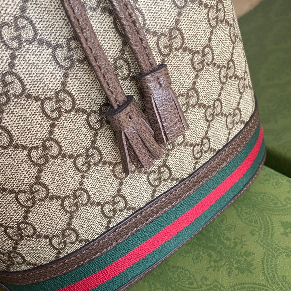 BORSA A SECCHIELLO OPHIDIA MEDIA 26 CON WEB IN TELA BEIGE EBANO MIX PELLE DI VITELLO MARRONE