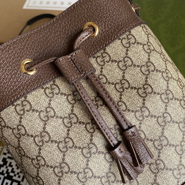 BORSA A SECCHIELLO OPHIDIA MEDIA 26 CON WEB IN TELA BEIGE EBANO MIX PELLE DI VITELLO MARRONE