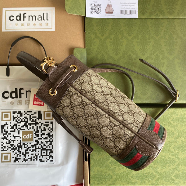 BORSA A SECCHIELLO OPHIDIA MEDIA 26 CON WEB IN TELA BEIGE EBANO MIX PELLE DI VITELLO MARRONE