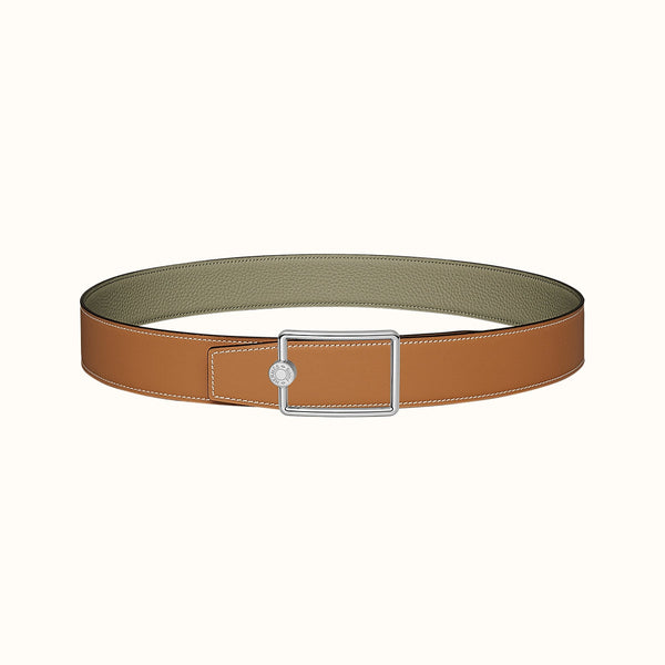 FIBBIA PER CINTURA OSCAR E CINTURINO REVERSIBILE IN PELLE MARRONE KAKI E ARANCIONE 38 MM FERRAMENTA ARGENTO