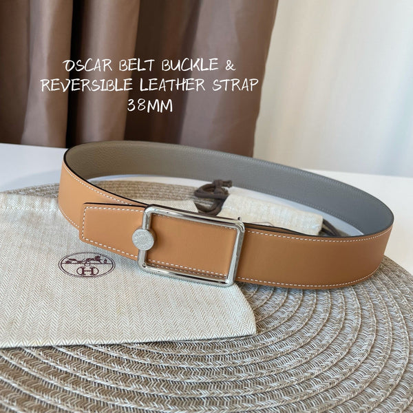 FIBBIA PER CINTURA OSCAR E CINTURINO REVERSIBILE IN PELLE MARRONE KAKI E ARANCIONE 38 MM FERRAMENTA ARGENTO