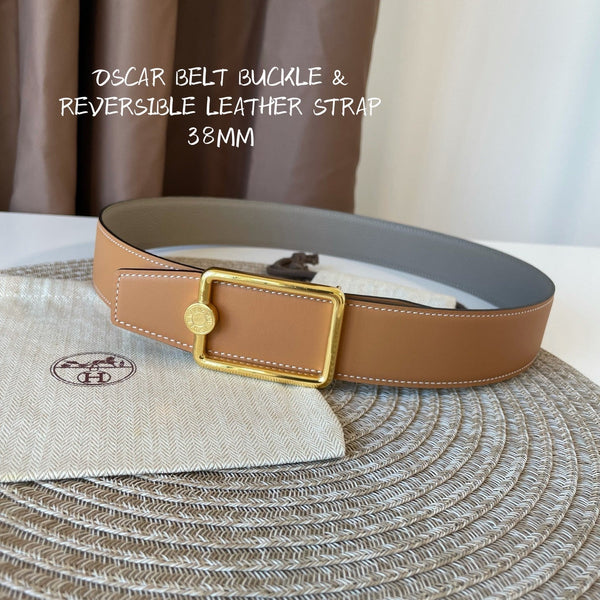 FIBBIA PER CINTURA OSCAR E CINTURINO REVERSIBILE IN PELLE MARRONE KAKI E ARANCIONE 38 MM FERRAMENTA ORO