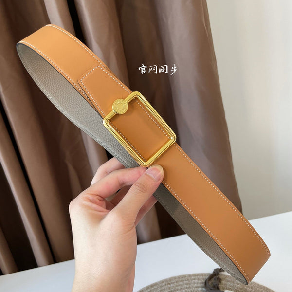 FIBBIA PER CINTURA OSCAR E CINTURINO REVERSIBILE IN PELLE MARRONE KAKI E ARANCIONE 38 MM FERRAMENTA ORO