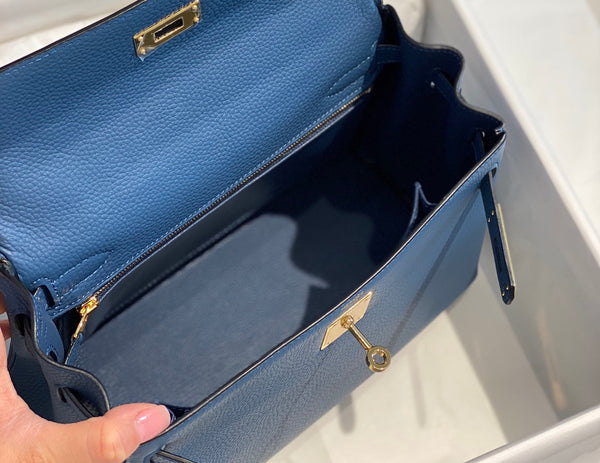 BORSA HM KELLY 32CM IN METALLO BLU NAVY TOGO GOLD
