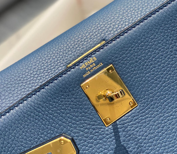 BORSA HM KELLY 32CM IN METALLO BLU NAVY TOGO GOLD