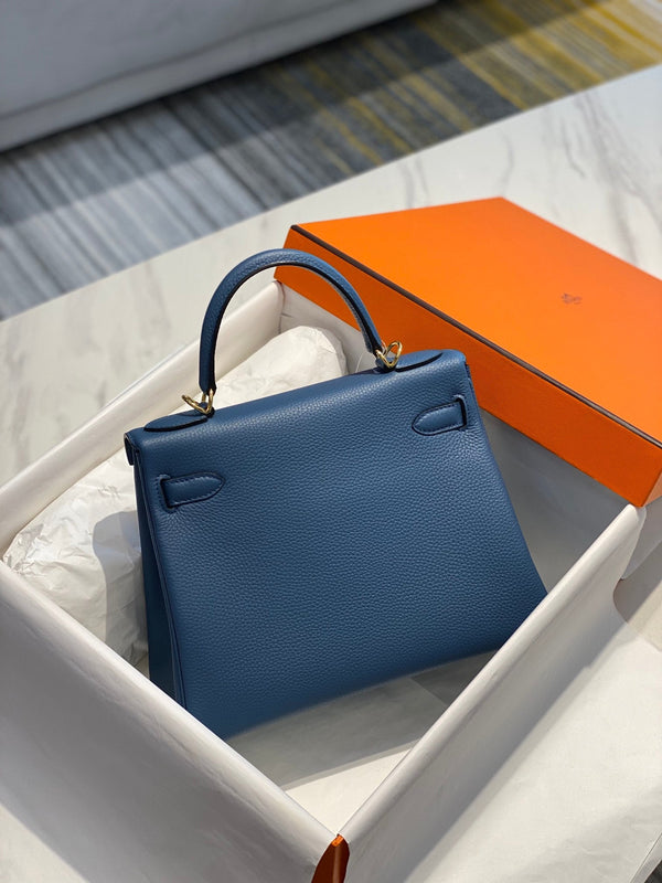 BORSA HM KELLY 32CM IN METALLO BLU NAVY TOGO GOLD