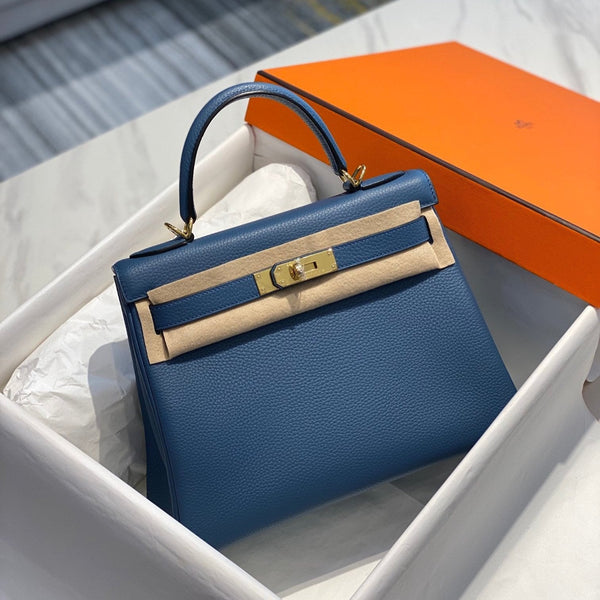 BORSA HM KELLY 32CM IN METALLO BLU NAVY TOGO GOLD