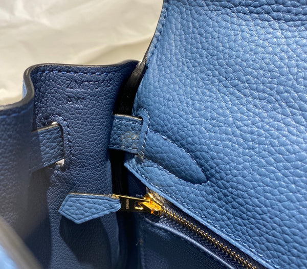 BORSA HM KELLY 32CM IN METALLO BLU NAVY TOGO GOLD