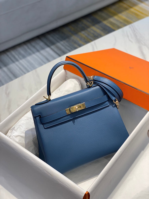 BORSA HM KELLY 32CM IN METALLO BLU NAVY TOGO GOLD