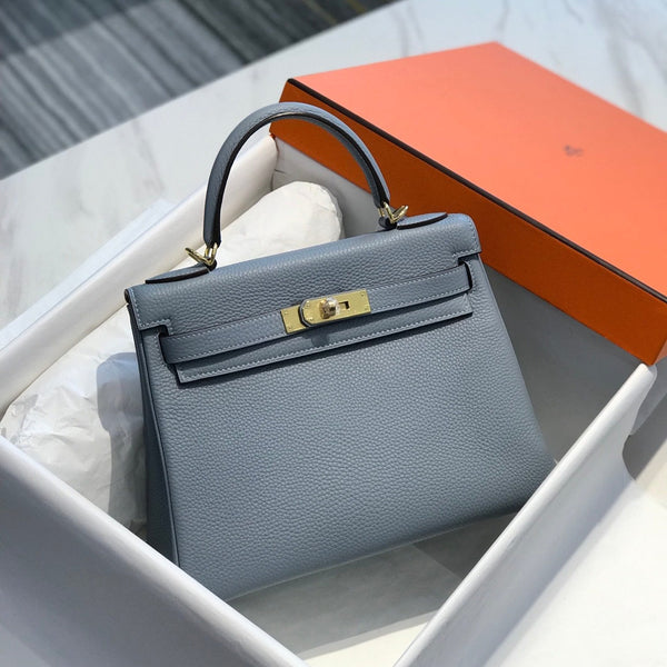 BORSA HM KELLY 32CM IN GRIGIO TEMPERATO CON FERRAMENTA TOGO GOLD