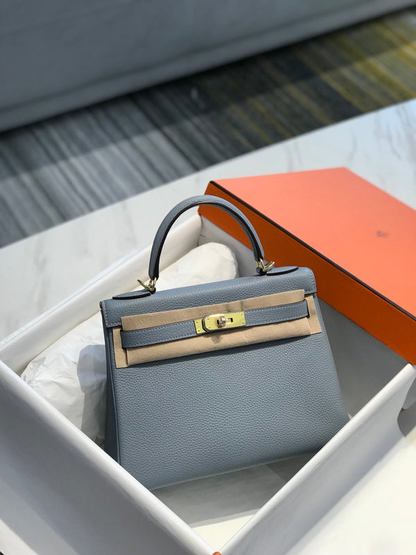BORSA HM KELLY 32CM IN GRIGIO TEMPERATO CON FERRAMENTA TOGO GOLD