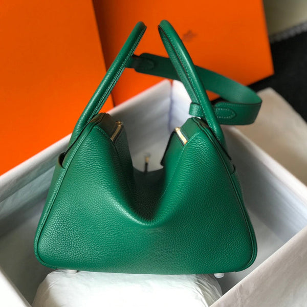 BORSA HM LINDY 30 IN PELLE DI VITELLO VERDE OCEANO CON FERRAMENTA ORO