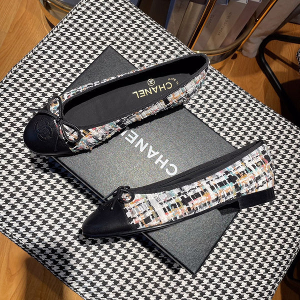 ballerina bianca tweed nero pelle di vitello nera