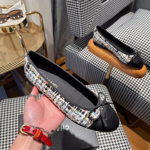 ballerina bianca tweed nero pelle di vitello nera