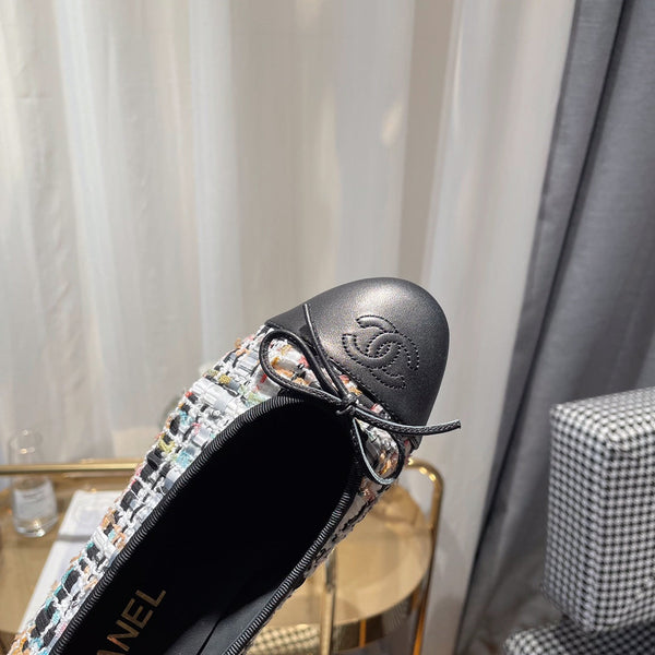 ballerina bianca tweed nero pelle di vitello nera