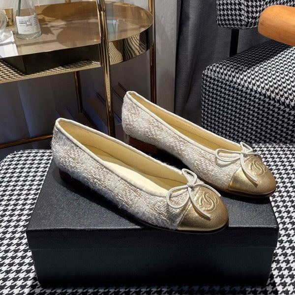 ballerina in tweed bianco oro, pelle di vitello metallizzata oro