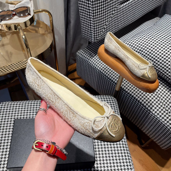 ballerina in tweed bianco oro, pelle di vitello metallizzata oro