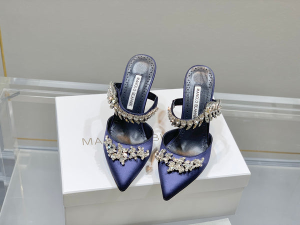 Manolo Mules Crystal Navy Blue Silk Satin 219378