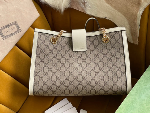 BORSA A TRACOLLA GG PADLOCK LARGE 35 IN TELA BEIGE E PELLE DI VITELLO BIANCA