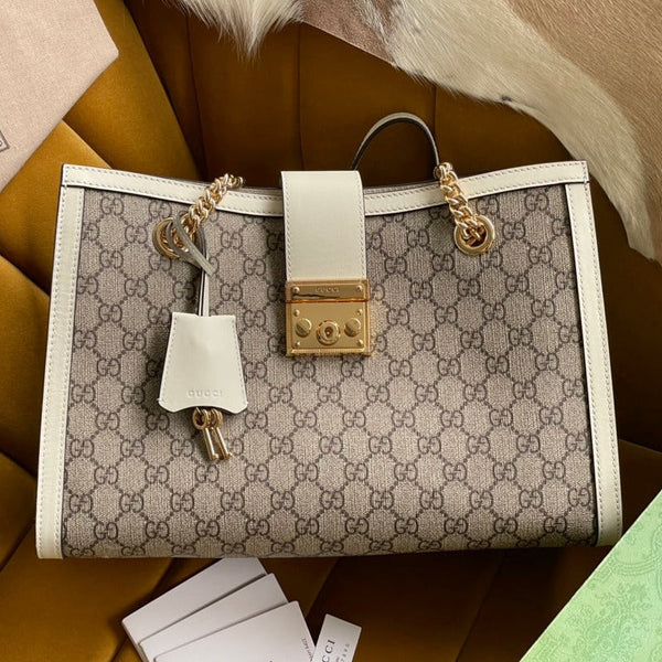 BORSA A TRACOLLA GG PADLOCK LARGE 35 IN TELA BEIGE E PELLE DI VITELLO BIANCA