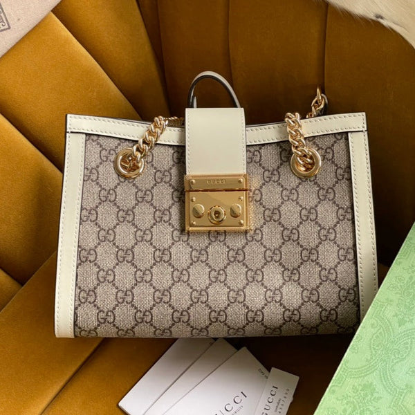BORSA A TRACOLLA GG PADLOCK MEDIUM 26 IN TELA BEIGE E PELLE DI VITELLO BIANCA
