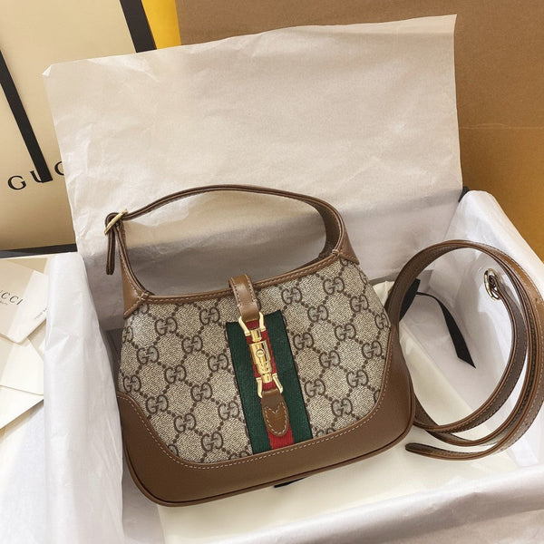 BORSA A TRACOLLA JACKIE 1961 SMALL 28 IN TELA BEIGE E PELLE DI VITELLO MARRONE