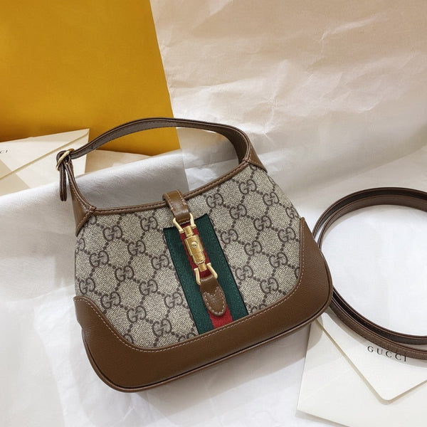 BORSA A TRACOLLA JACKIE 1961 SMALL 28 IN TELA BEIGE E PELLE DI VITELLO MARRONE