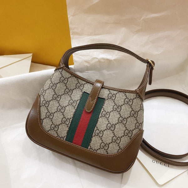BORSA A TRACOLLA JACKIE 1961 SMALL 28 IN TELA BEIGE E PELLE DI VITELLO MARRONE