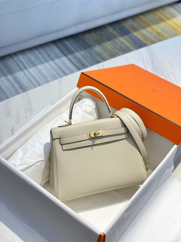 BORSA HM KELLY 32 CM IN CREMA CON FERRAMENTA TOGO GOLD