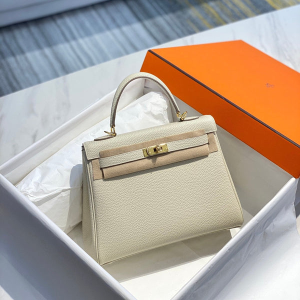 BORSA HM KELLY 32 CM IN CREMA CON FERRAMENTA TOGO GOLD