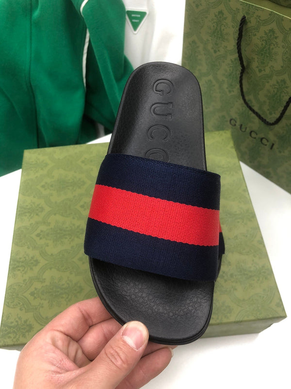 GG Web Slide Sandals Black Red Rubber Cotton 788218