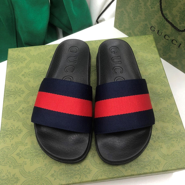 GG Web Slide Sandals Black Red Rubber Cotton 788218