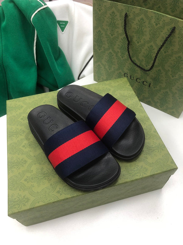 GG Web Slide Sandals Black Red Rubber Cotton 788218