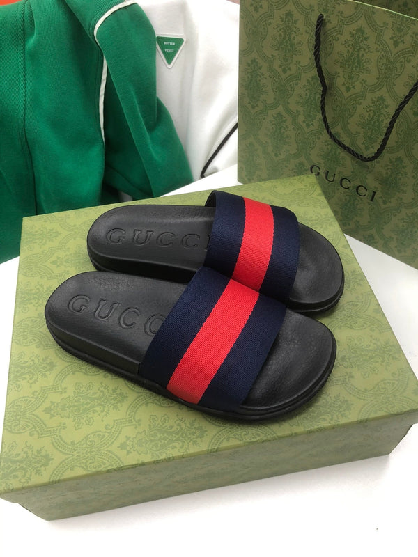GG Web Slide Sandals Black Red Rubber Cotton 788218