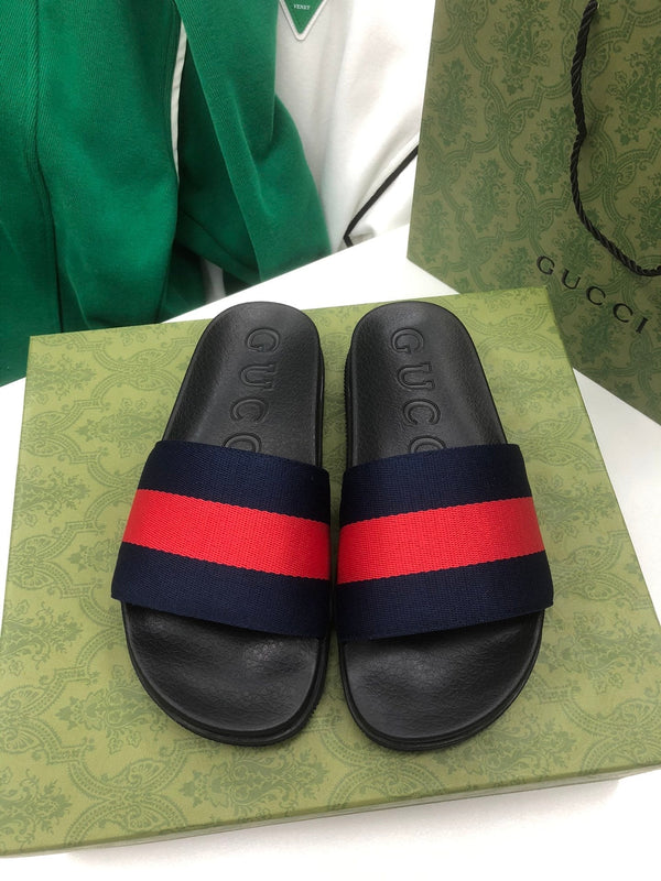 GG Web Slide Sandals Black Red Rubber Cotton 788218