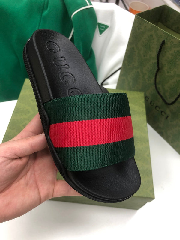 GG Web Slide Sandals Black Green Rubber Cotton 788219