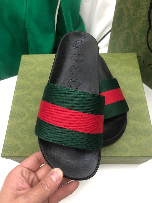 GG Web Slide Sandals Black Green Rubber Cotton 788219