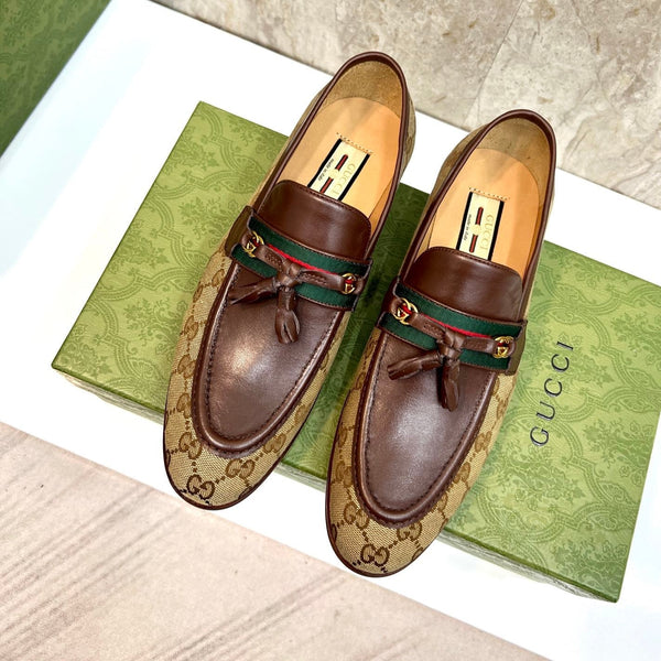 GG Men's Tassel Loafer Brown Cowhide Canvas 548740