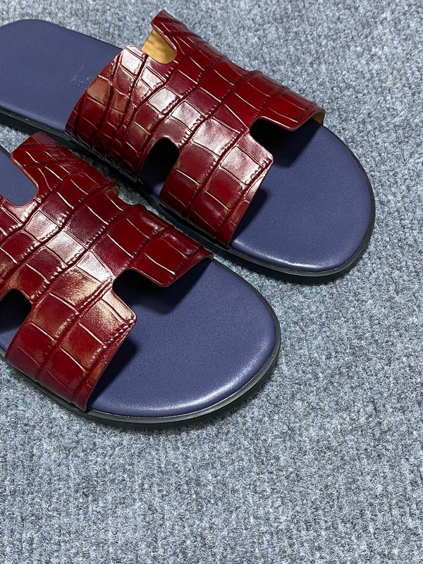 HM IZMIR CROCODILE MOTIF SANDAL INDIGO AND BRICK CALFSKIN