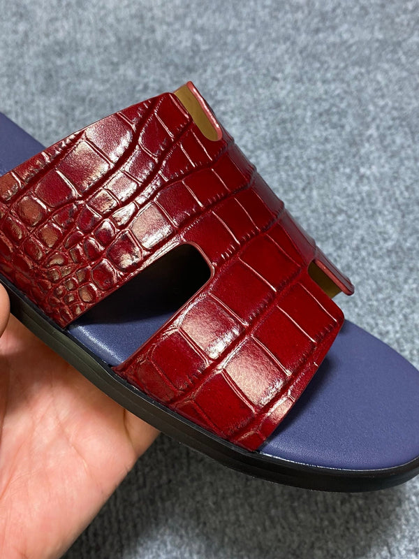 HM IZMIR CROCODILE MOTIF SANDAL INDIGO AND BRICK CALFSKIN