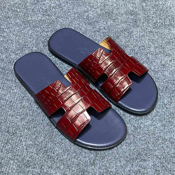 HM IZMIR CROCODILE MOTIF SANDAL INDIGO AND BRICK CALFSKIN