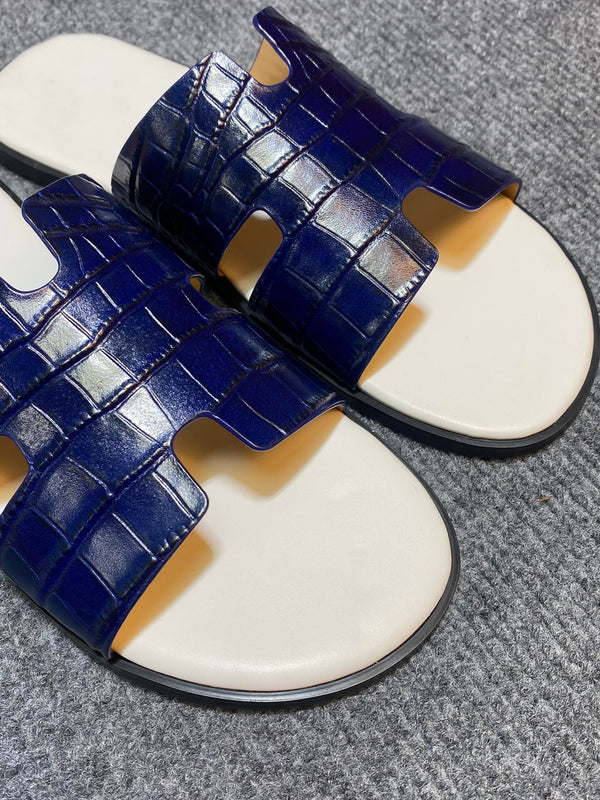 HM IZMIR CROCODILE MOTIF SANDAL NAVY AND WHITE CALFSKIN