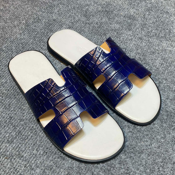HM IZMIR CROCODILE MOTIF SANDAL NAVY AND WHITE CALFSKIN