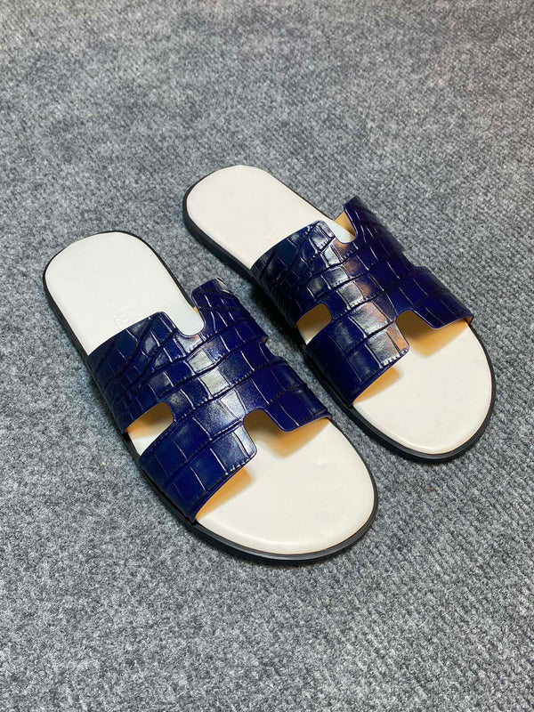 HM IZMIR CROCODILE MOTIF SANDAL NAVY AND WHITE CALFSKIN