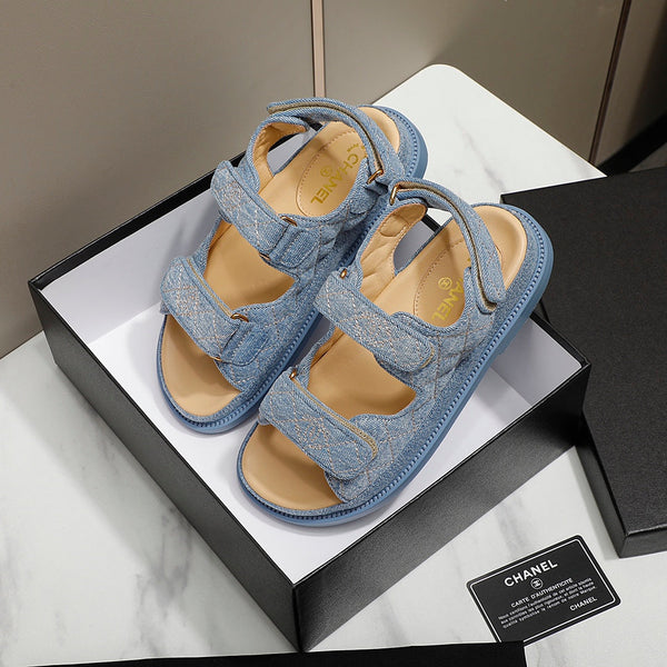 CC 25S Sandalo Dad Blu Denim Beige Pelle di vitello