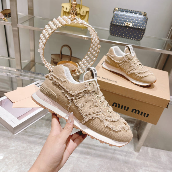MIU MIU x New Balance 574 Sneakers Colonial Beige Canvas Denim 498914