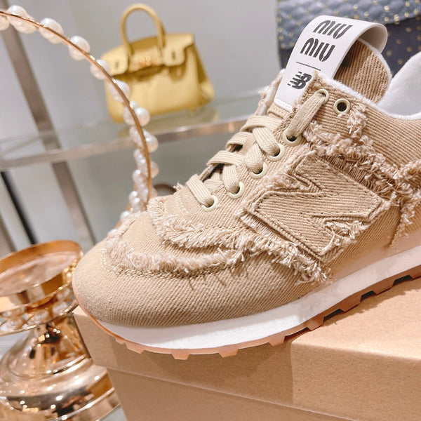 MIU MIU x New Balance 574 Sneakers Colonial Beige Canvas Denim 498914